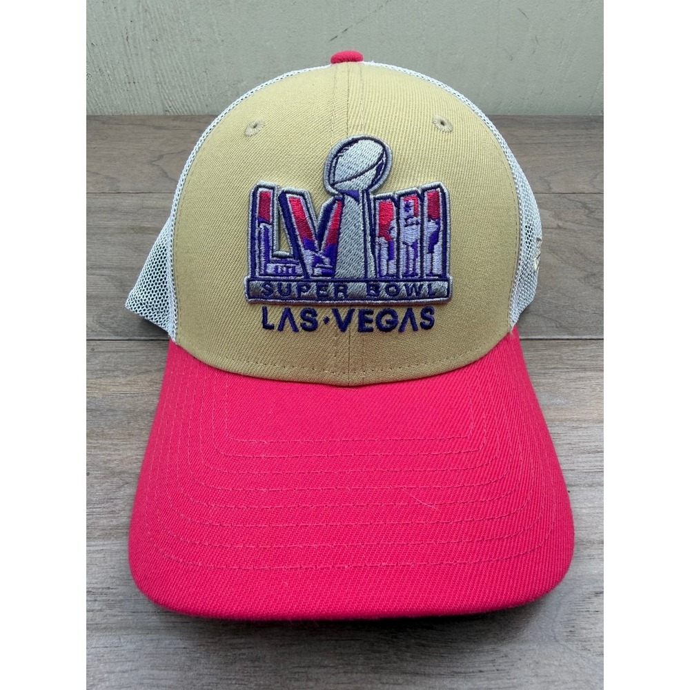 Super Bowl LVIII Las Vegas New Era 39THIRTY Hat Men's M/L Khaki Pink Mesh